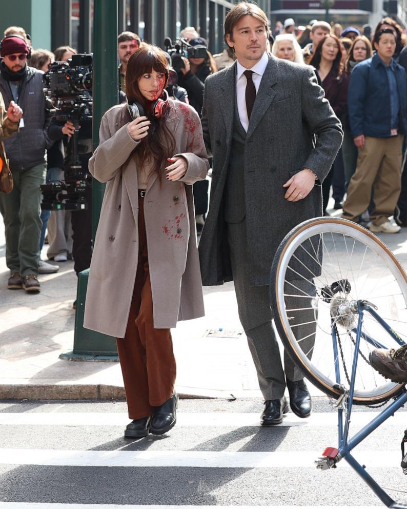 PHOTO: Dakota Johnson and Josh Hartnett are seen on set for 'Verity' in Midtown, on March 12, 2025, in New York.
