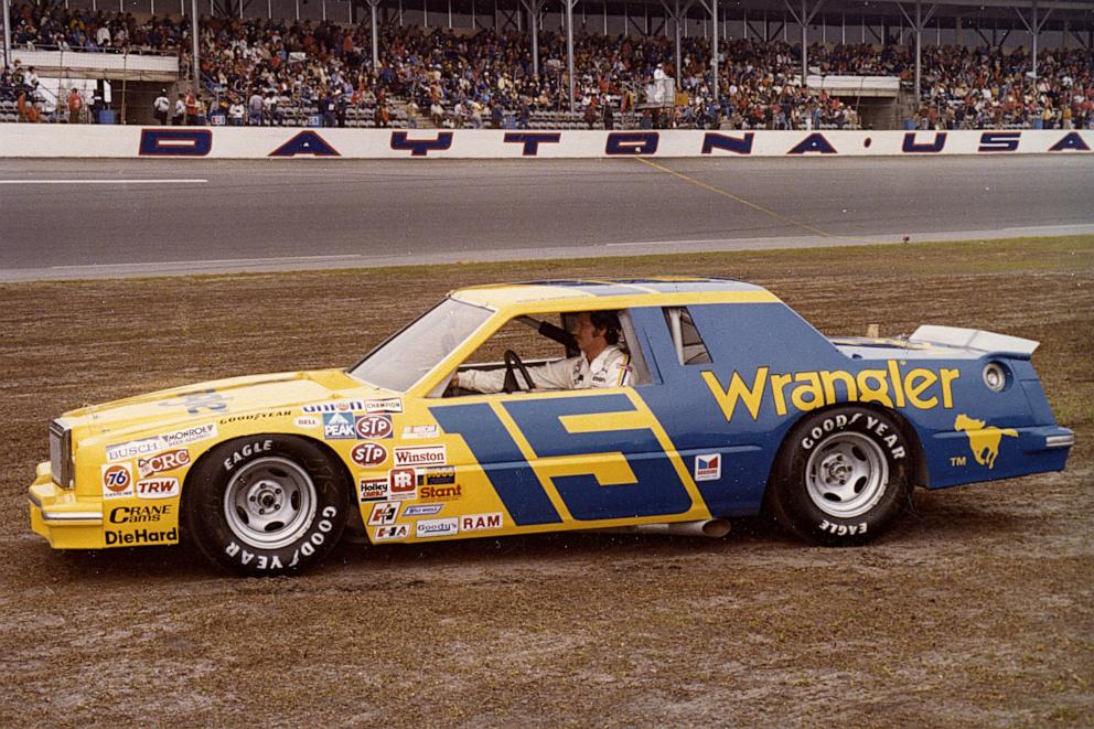 PHOTO: In this 1982 file photo, Dale Earnhardt is seen at the Daytona International Speedway with the Bud Moore Wrangler Ford Thunderbird in Daytona Beach, Fla.