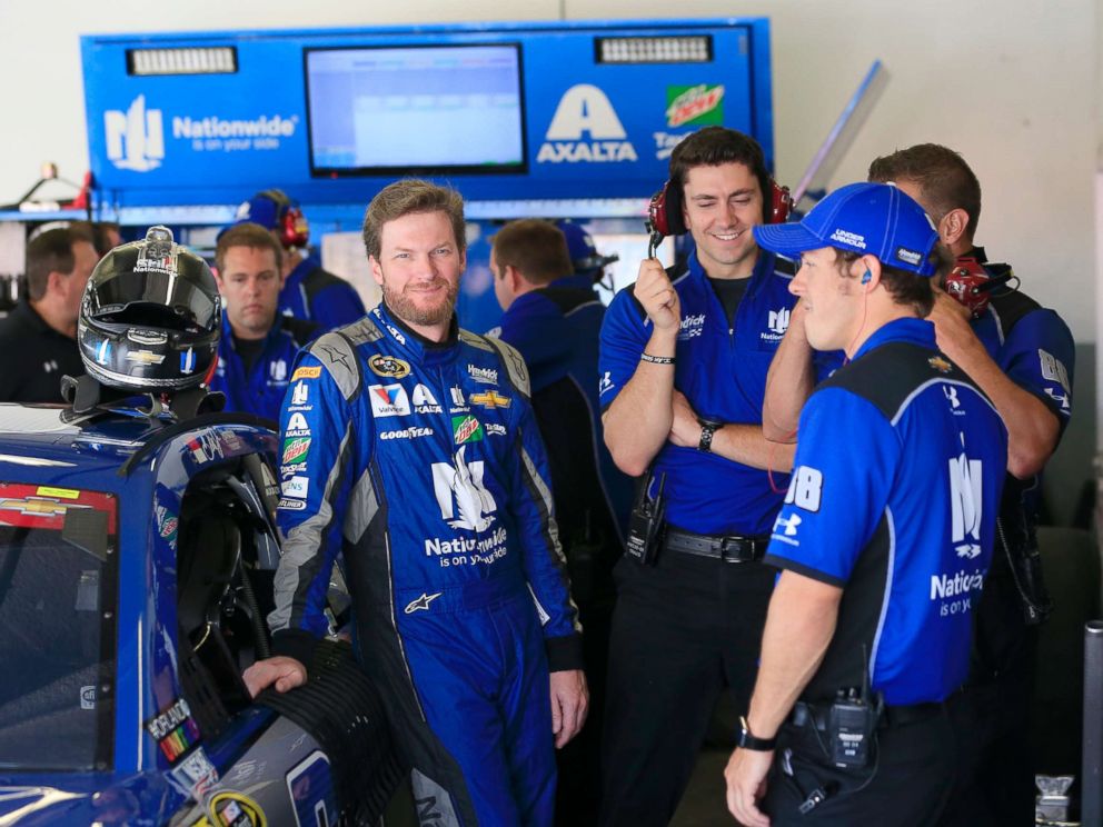 PHOTO: In this file photo, Dale Earnhardt Jr., driver of the #88 Nationwide Chevrolet, talks to his crew in the garage at Daytona International Speedway, July 1, 2016, in Daytona Beach, Fla.