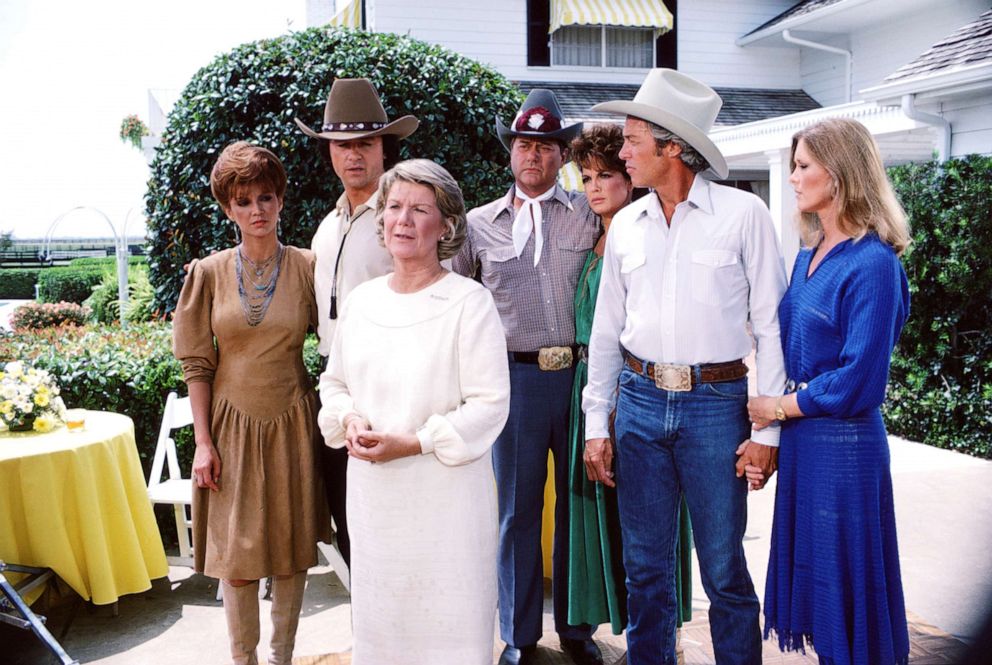 PHOTO: In a scene from the American television series 'Dallas, cast members gather on the porch of a large house, Dallas, Texas, 1981.