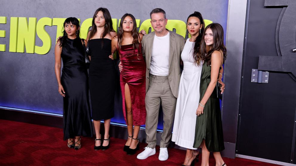 PHOTO: Alexia Barroso, Isabella Damon, Gia Damon, Matt Damon, his wife Luciana Barroso and Stella Damon attend the premiere of Apple Original Films' "The Instigators" at Jazz at Lincoln Center in New York City on July 31, 2024. 