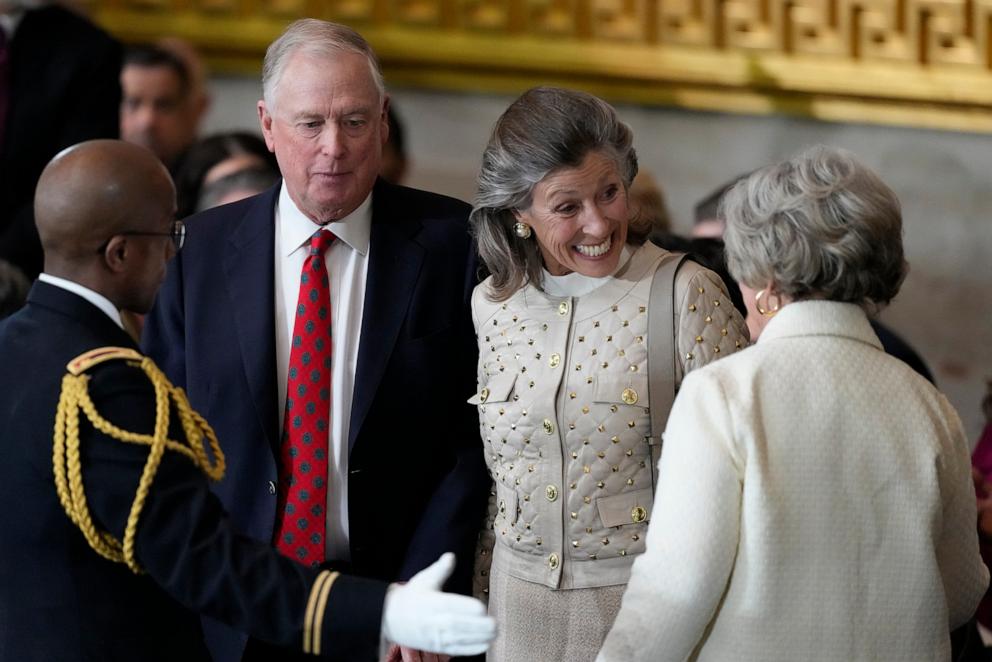 PHOTO: Former Vice President Dan Quayle and his wife Marilyn Quayle greet Susie Wiles at the Inauguration of Donald J. Trump in the U.S. Capitol Rotunda Jan. 20, 2025 in Washington, DC.