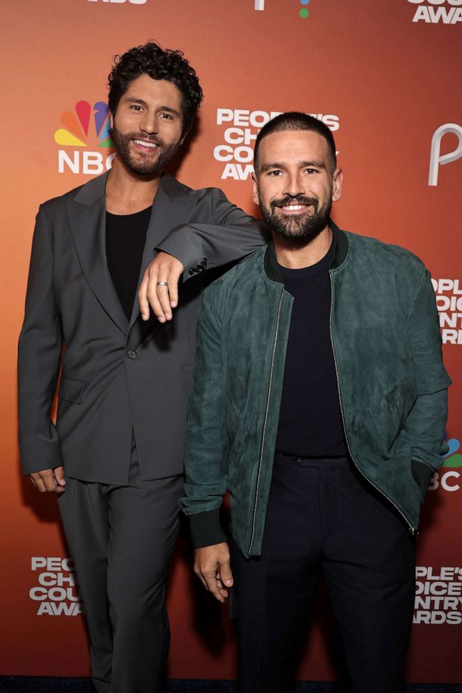 PHOTO: Dan Smyers and Shay Mooney of Dan + Shay arrive to the 2023 People's Choice Country Awards held at the Grand Ole Opry House on Sept. 28, 2023, in Nashville, Tenn.