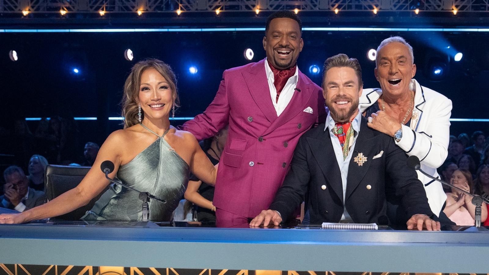 PHOTO: The judges for the current season 35 of Dancing with the Stars are Carrie Ann Inaba, Bruno Tonioli, and Derek Hough, pictured with host Alfonso Ribeiro, 2nd from left.