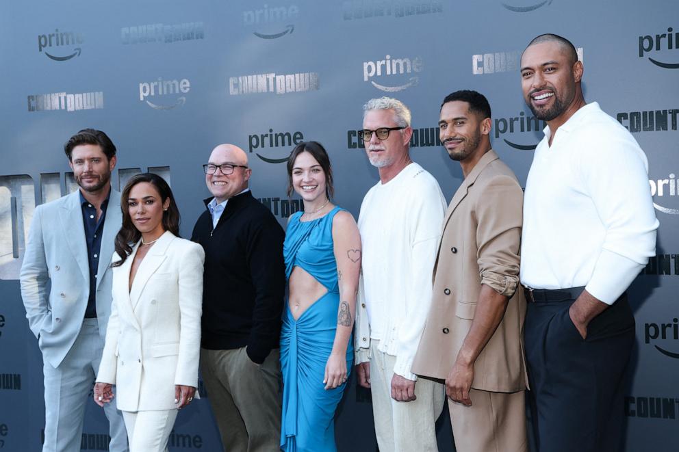 PHOTO: Jensen Ackles, Jessica Camacho, Derek Haas, Violett Beane, Eric Dane, Elliot Knight and Uli Latukefu attend Prime Video's "Countdown" premiere at the Harmony Gold theatre in Los Angeles, June 18, 2025. 
