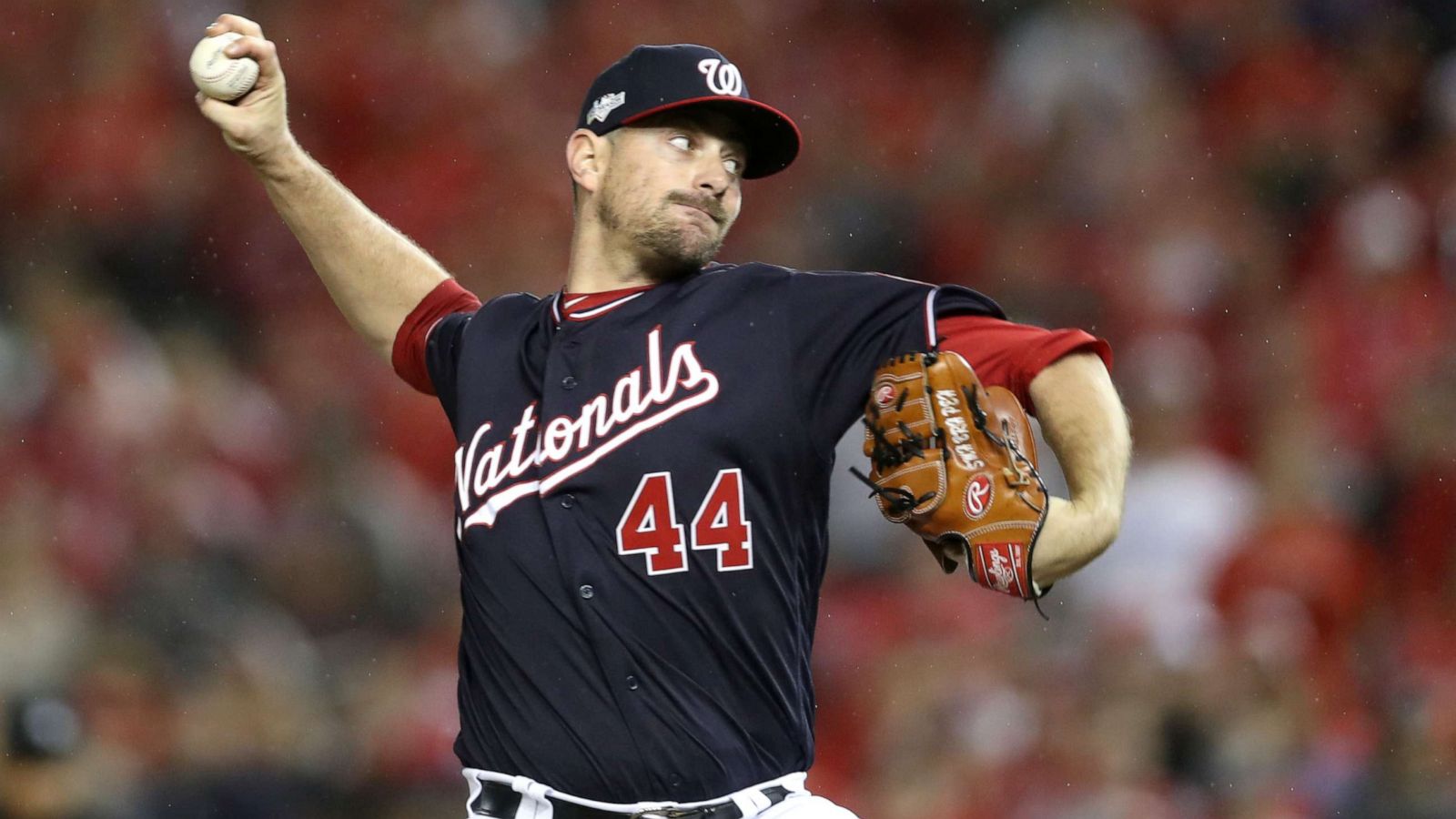 PHOTO:Daniel Hudson #44 of the Washington Nationals delivers in the ninth inning of game four of the National League Division Series against the Los Angeles Dodgers at Nationals Park on Oct. 7, 2019 in Washington, D.C.