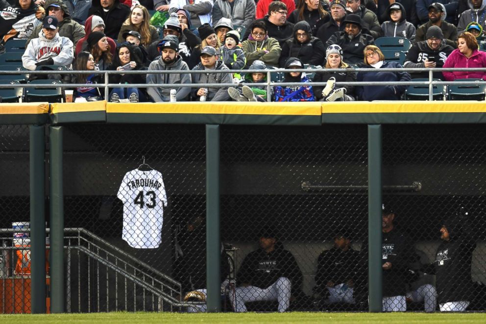 PHOTO: Chicago White Sox relief pitcher Danny Farquhar's jersey is seen hanging in the outfield dugout during a game between the and the Houston Astros the Chicago White Sox on April 21, 2018, at Guaranteed Rate Field in Chicago.