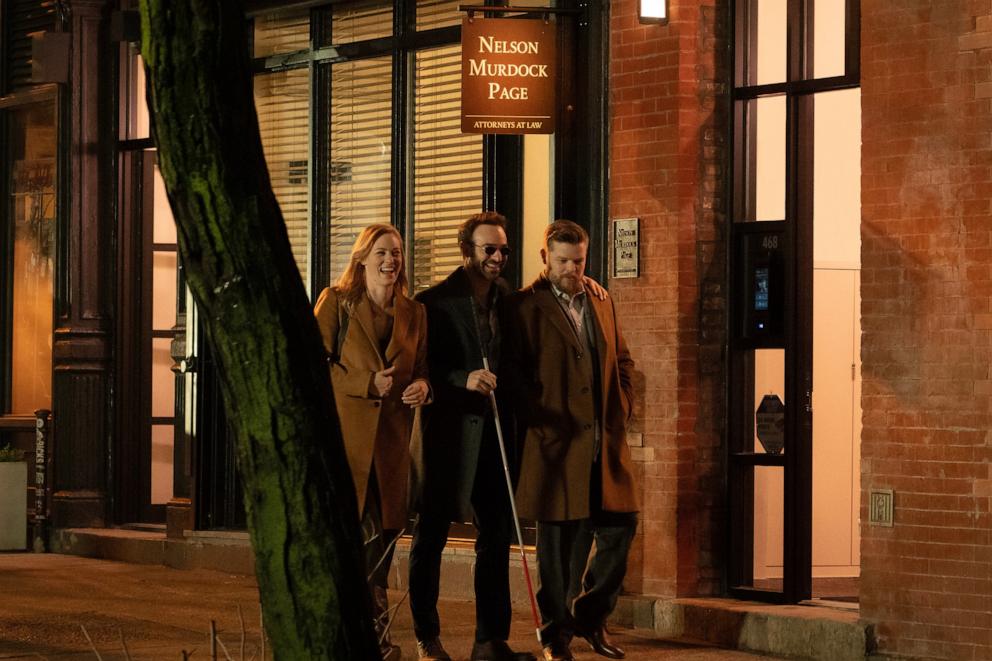 PHOTO: (L-R) Karen Page (Deborah Ann Woll), Daredevil/Matt Murdock (Charlie Cox) and Foggy Nelson (Elden Henson) in Marvel Television's DAREDEVIL: Born Again, exclusively on Disney+. 