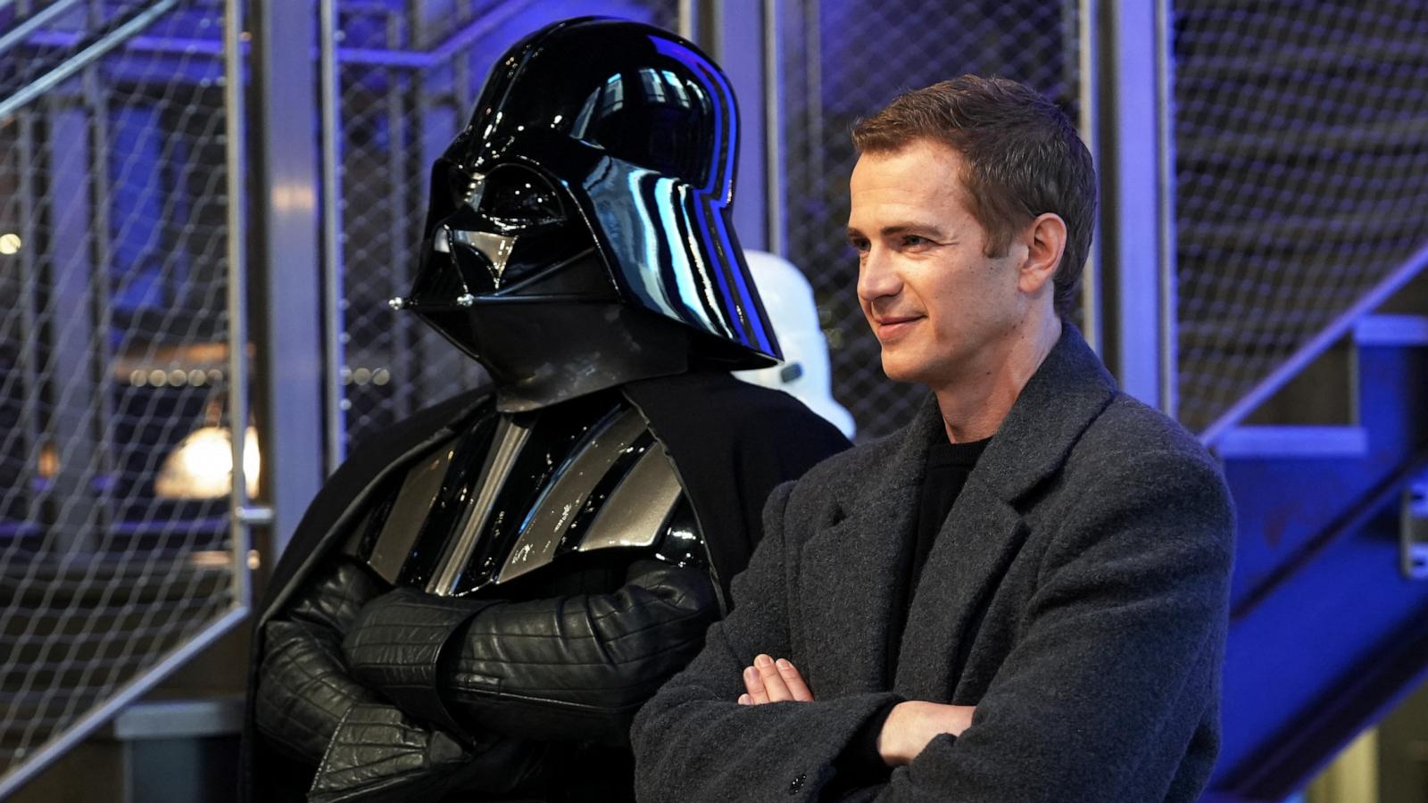 PHOTO: Actor Hayden Christensen stands with a person dressed as Darth Vader during a Star Wars villain-themed "March to May the 4th" event at the Empire State Building in New York City, March 21, 2024.