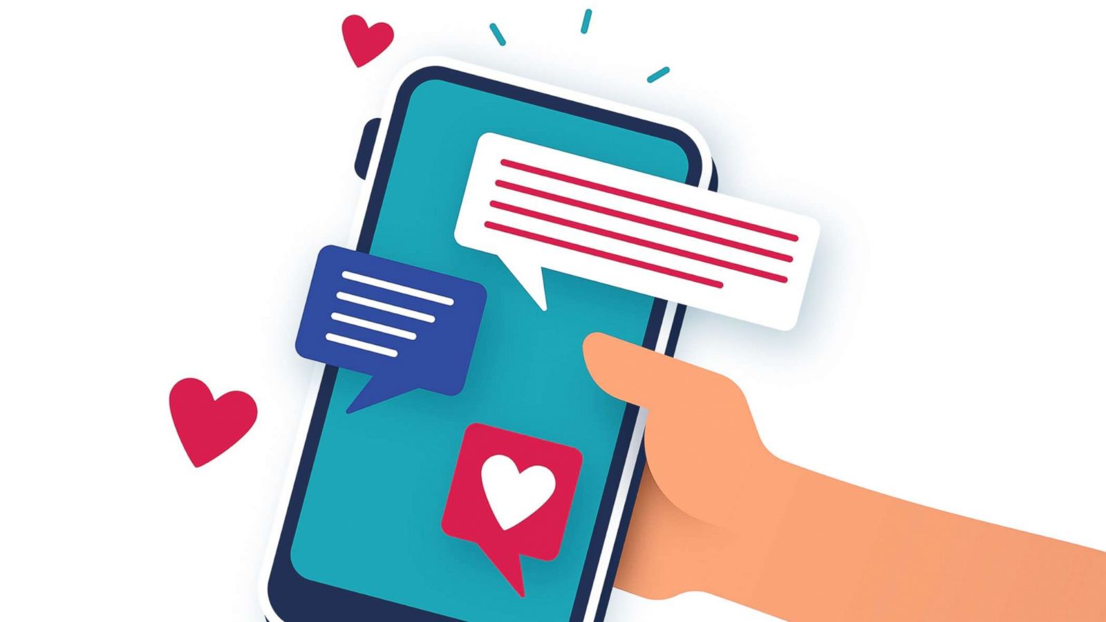 PHOTO: Illustration depicting a hand holding a smart phone with messages and hearts.