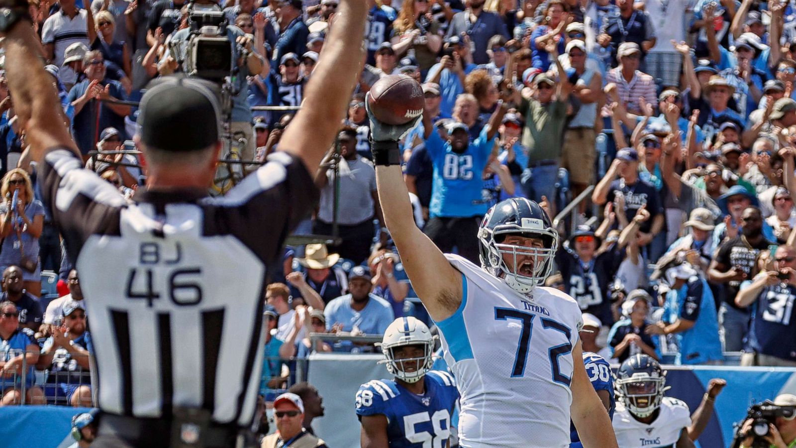 PHOTO: David Quessenberry of the Tennessee Titans celebrates after making a touchdown reception against the Indianapolis Colts during the first half at Nissan Stadium, Sept. 15, 2019, in Nashville.