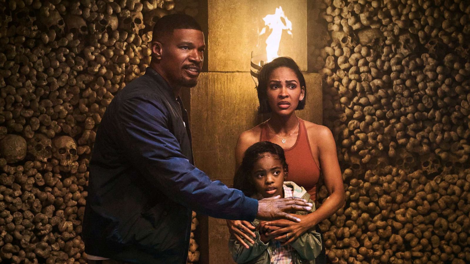 PHOTO: Jamie Foxx, as Bud, Zion Broadnax, as Paige, and Meagan Good, as Jocelyn, in Day Shift.