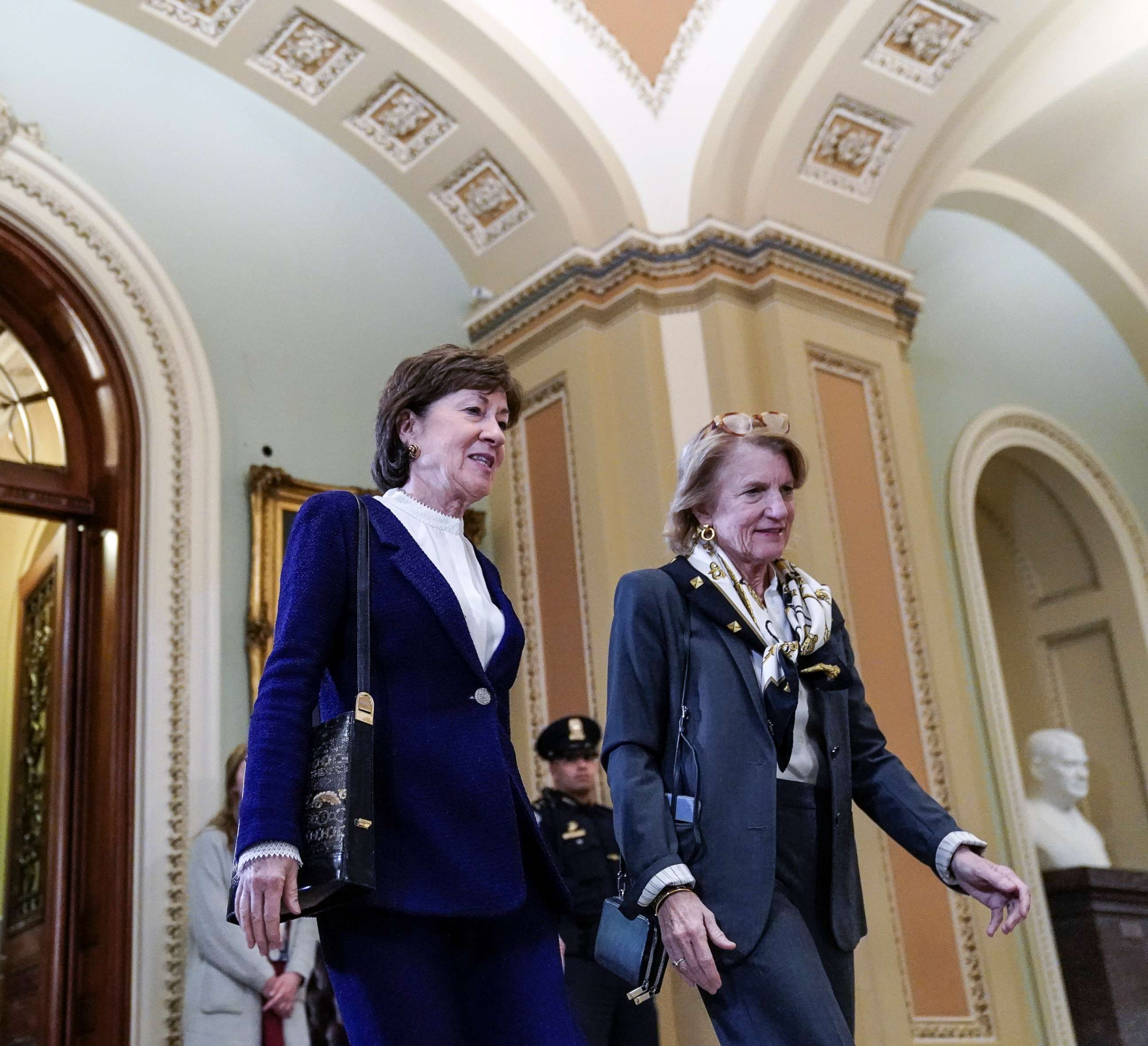 PHOTO: Sen. Susan Collins and Sen. Shelley Moore Capito leave the Senate chamber at the Capitol on Jan. 31, 2020 in Washington, D.C.