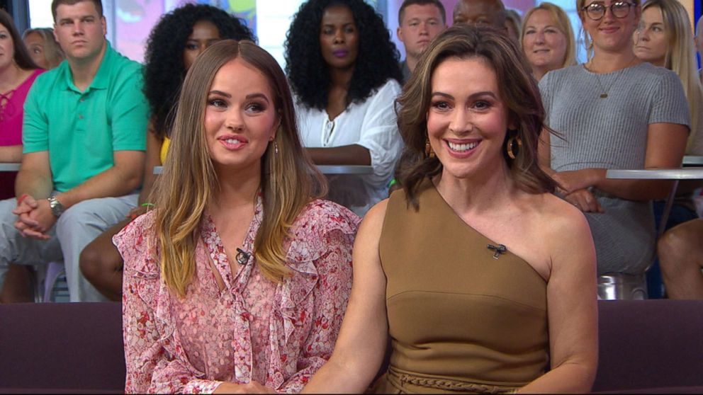 PHOTO: Debby Ryan and Alyssa Milano appear on "Good Morning America" to chat about the controversy behind the Netflix show, "Insatiable," Aug 6, 2018.