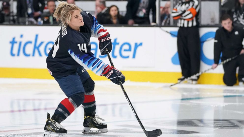 USA women's ice hockey player Brianna Decker in the premier passer competition in the 2019 NHL All Star Game skills competition at SAP Center, Jan 25, 2019, in San Jose, Calif.