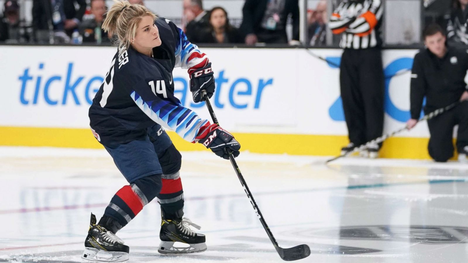 PHOTO: USA women's ice hockey player Brianna Decker in the premier passer competition in the 2019 NHL All Star Game skills competition at SAP Center, Jan 25, 2019, in San Jose, Calif.