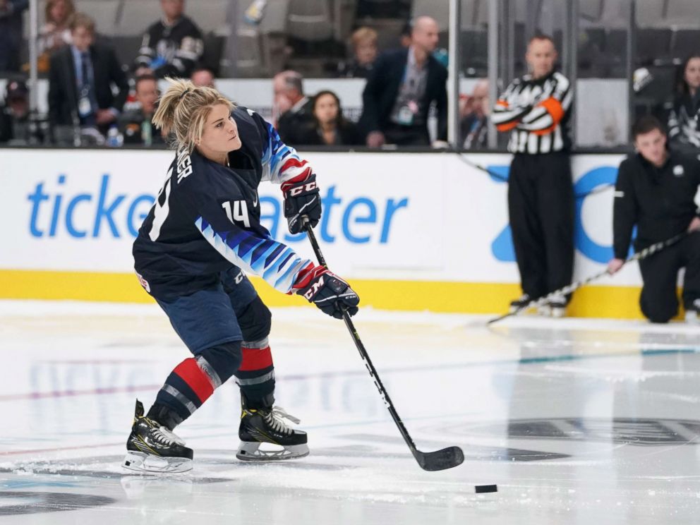 PHOTO: USA women's ice hockey player Brianna Decker in the premier passer competition in the 2019 NHL All Star Game skills competition at SAP Center, Jan 25, 2019, in San Jose, Calif.