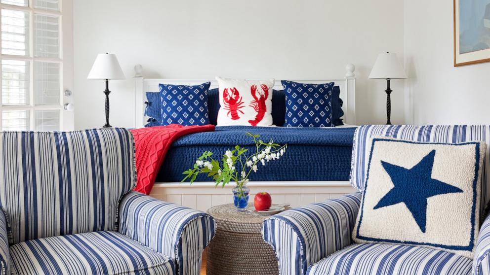 PHOTO: Red white and blue decor in bedroom at the Inn at Sunrise Point, Camden, Maine.