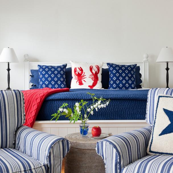PHOTO: Red white and blue decor in bedroom at the Inn at Sunrise Point, Camden, Maine.