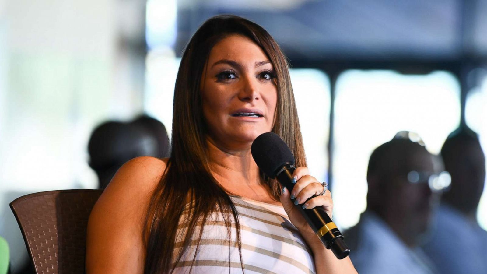 PHOTO: Deena Nicole Cortese talks during an appearance on a SiriusXM show in Point Pleasant Beach City, N.J., Aug. 23, 2018.