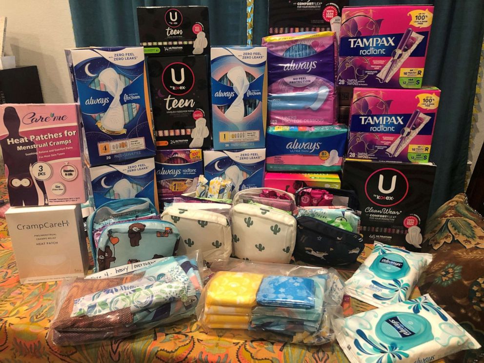 PHOTO: Feminine hygiene products collected for students by teacher Kylie DeFrance.