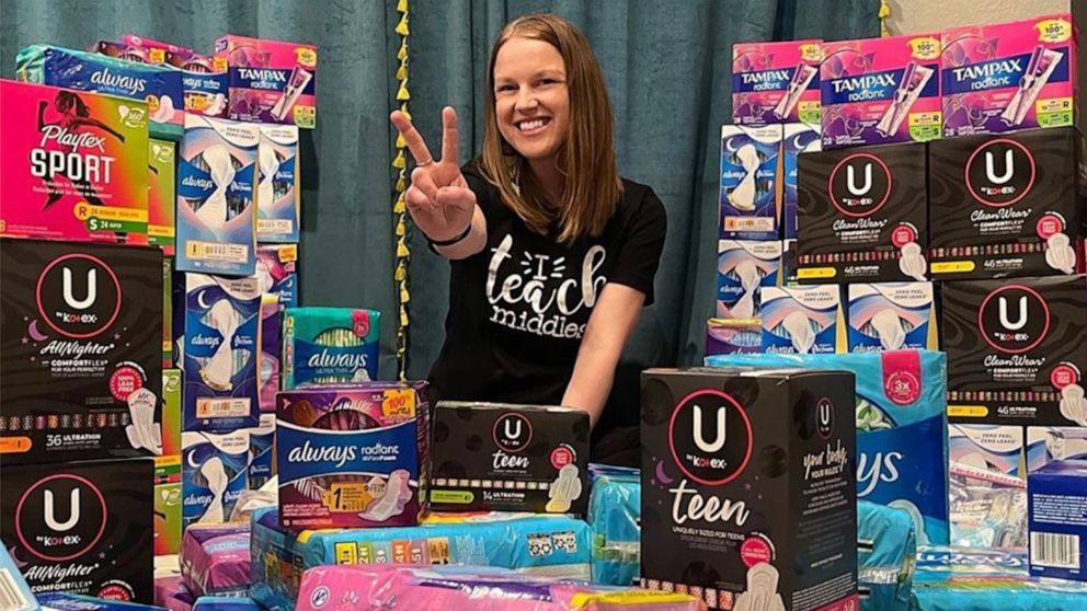 PHOTO: Kylie DeFrance, a teacher in Austin, Texas, collects feminine hygiene products to give to her students for free.