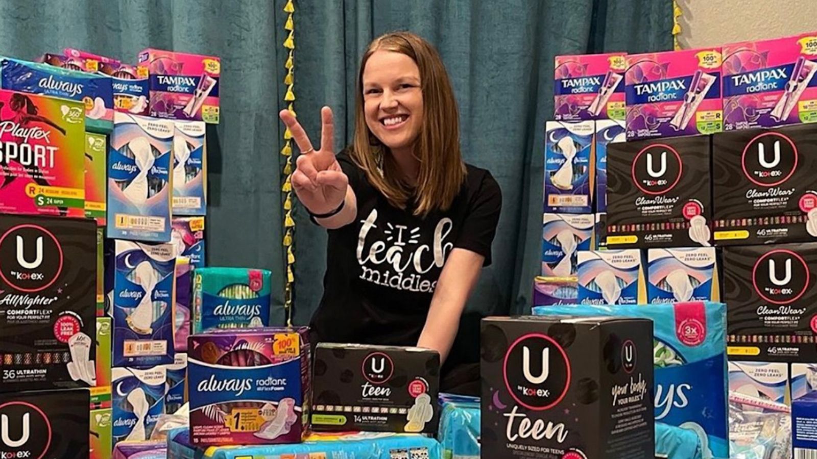 PHOTO: Kylie DeFrance, a teacher in Austin, Texas, collects feminine hygiene products to give to her students for free.