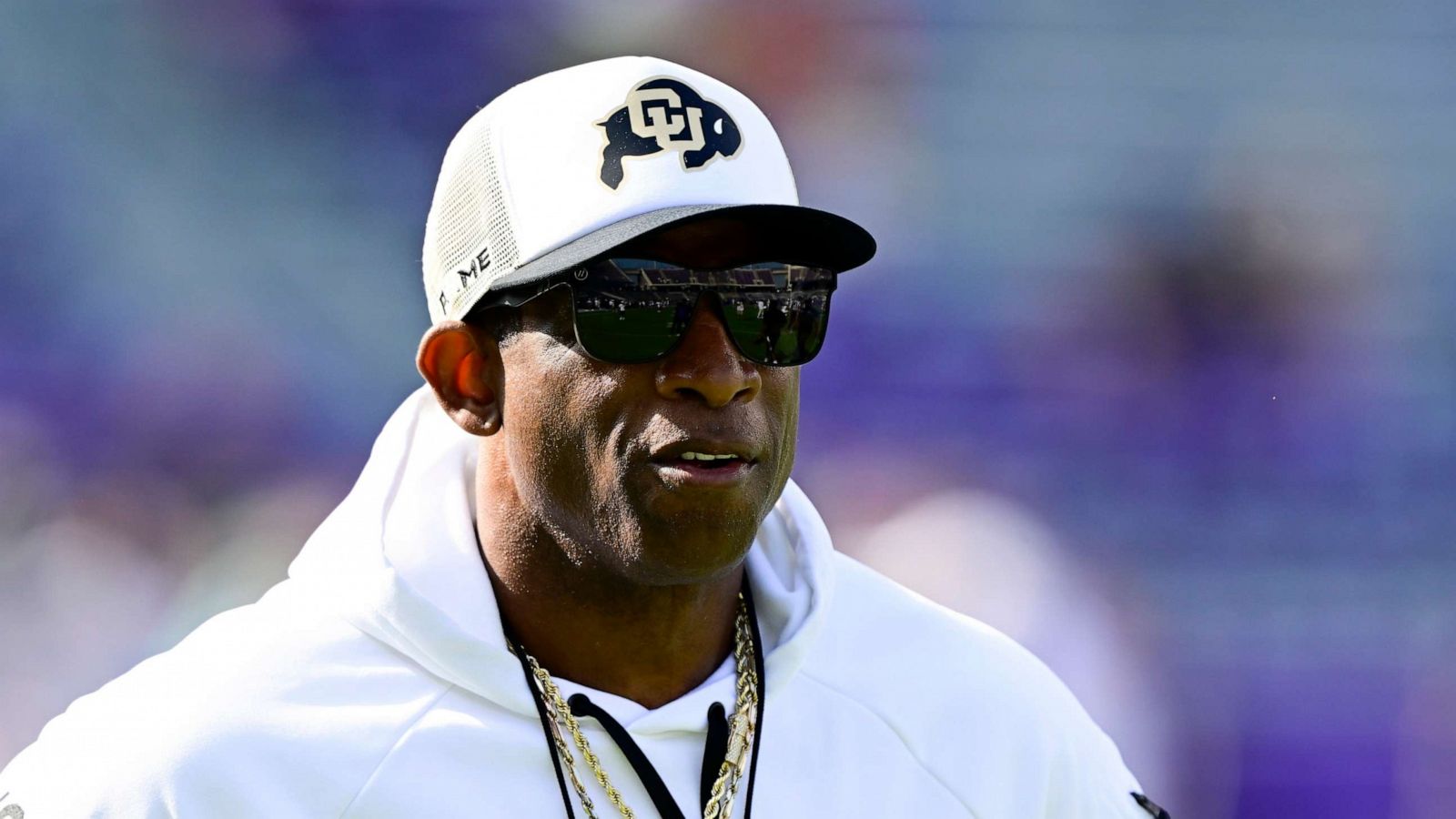 PHOTO: Colorado Buffaloes coach Deion Sanders before playing the TCU Horned Frogs at Amon G. Carter Stadium in Ft. Worth September 02, 2023.