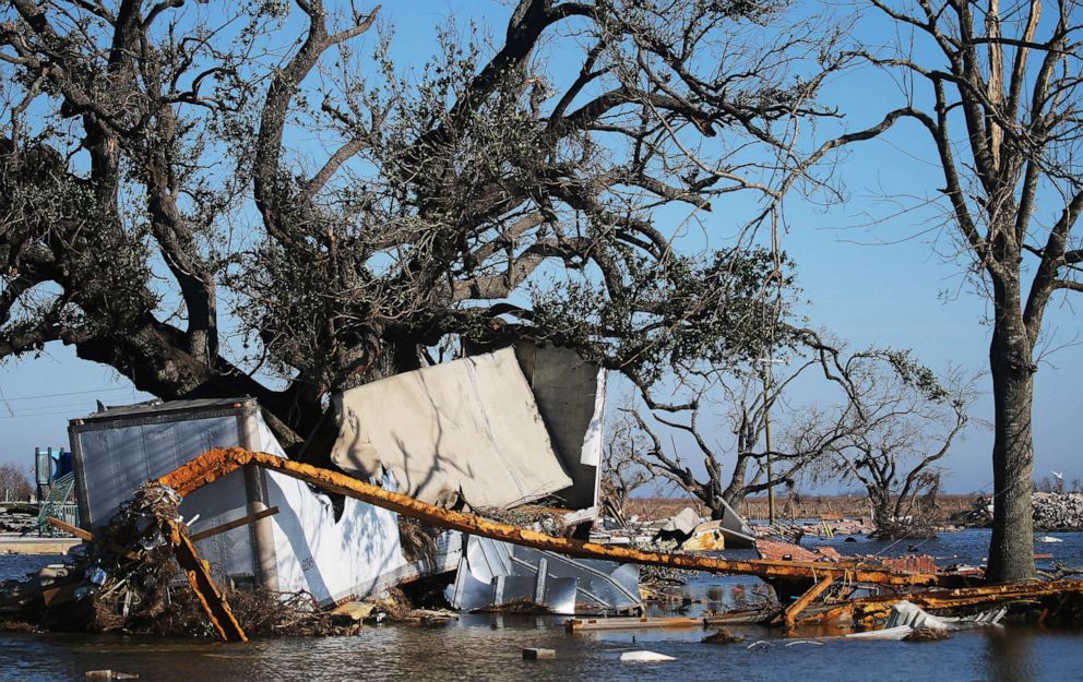 PHOTO: Flood waters surround structures destroyed by Hurricane Laura on Oct. 10, 2020 in Creole, La.