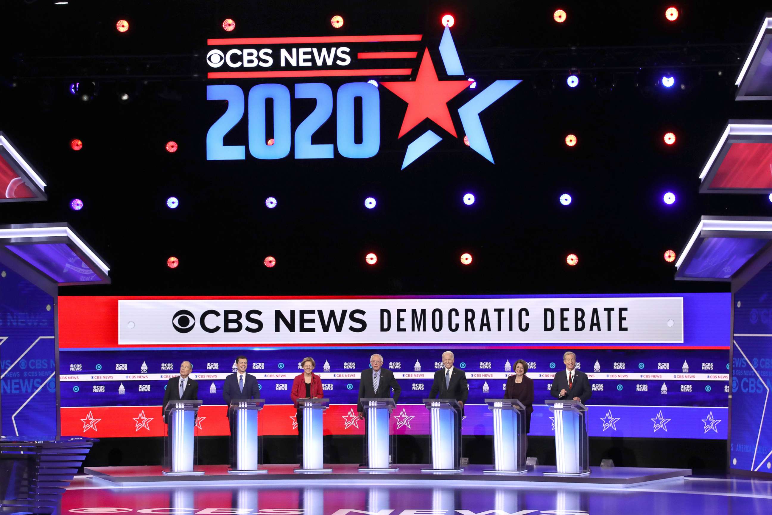 PHOTO: Democratic presidential candidates participate in a Democratic presidential primary debate, Feb. 25, 2020, in Charleston, S.C.