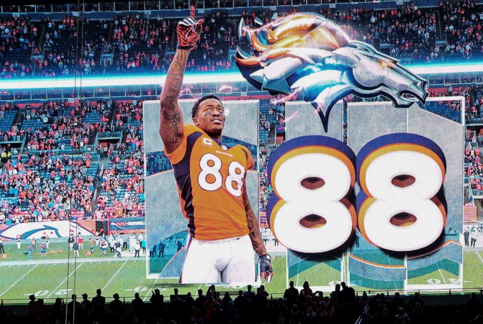 PHOTO: Demaryius Thomas is remembered by Denver Broncos fans as his number 88 is flashed on the scoreboard at Empower Field at Mile High in Denver, Dec. 12, 2021.