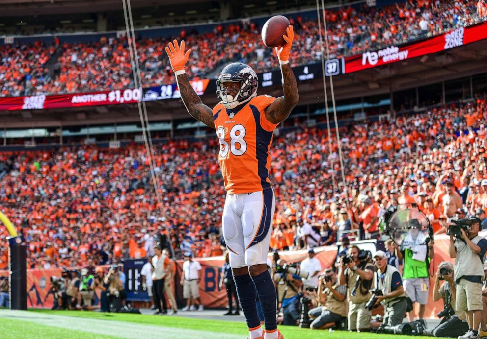 PHOTO: Wide receiver Demaryius Thomas #88 of the Denver Broncos celebrates after making a catch on the edge of the end zone against the Seattle Seahawks at Broncos Stadium at Mile High in Denver, Sept. 9, 2018.