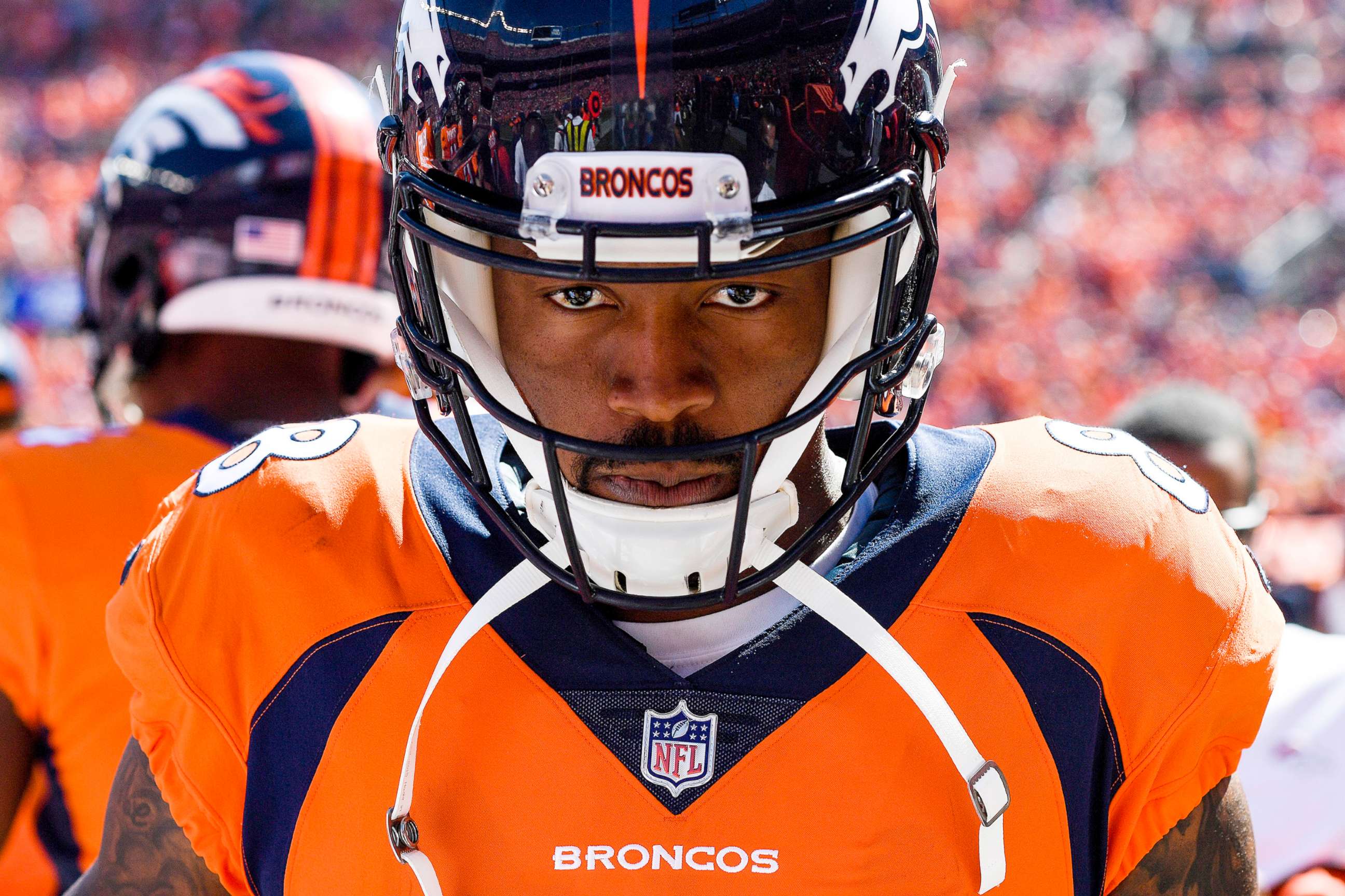 PHOTO: Demaryius Thomas of the Denver Broncos stands on the sidelines during the first quarter against the Seattle Seahawks in Denver, Sept. 9, 2018. 