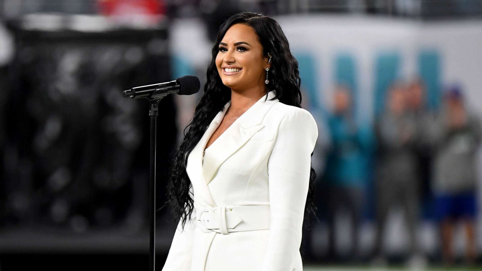 PHOTO: In this Feb. 2, 2020, file photo, Demi Lovato performs the National Anthem onstage during Super Bowl LIV at Hard Rock Stadium in Miami Gardens, Fla.