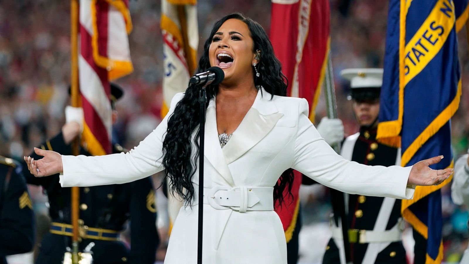 PHOTO: Demi Lovato performs the national anthem before the NFL Super Bowl 54 football game between the San Francisco 49ers and the Kansas City Chiefs, Feb. 2, 2020, in Miami Gardens, Fla.