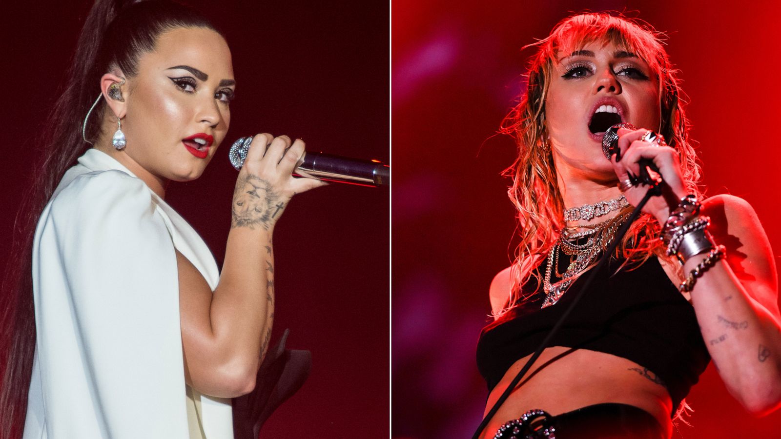 PHOTO: Demi Lovato performs during a concert, June 24, 2018 in Lisbon, Portugal. | Miley Cyrus performs performs during a concert in Pristina, Kosovo, Aug. 2, 2019.