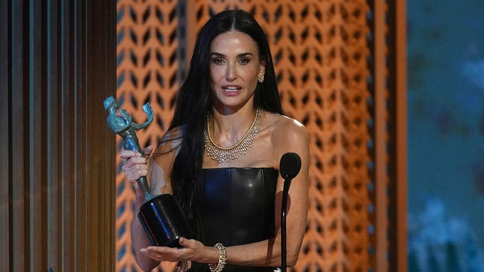 PHOTO: Demi Moore accepts the award for outstanding performance by a female actor in a leading role for "The Substance" during the 31st annual Screen Actors Guild Awards, Feb. 23, 2025, in Los Angeles. 