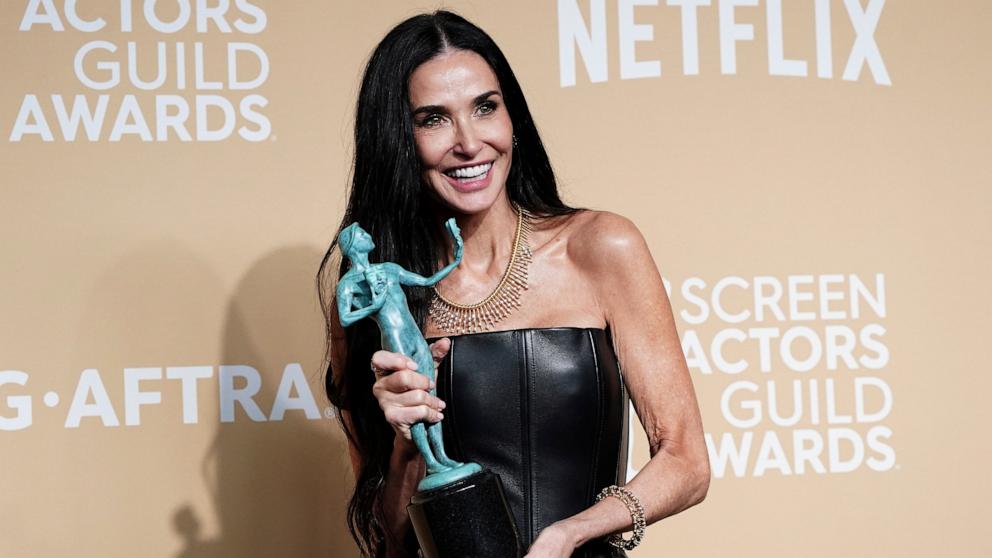 PHOTO: Demi Moore poses in the press room with the award for outstanding performance by a female actor in a leading role for "The Substance" during the 31st annual Screen Actors Guild Awards, Feb. 23, 2025, in Los Angeles. 