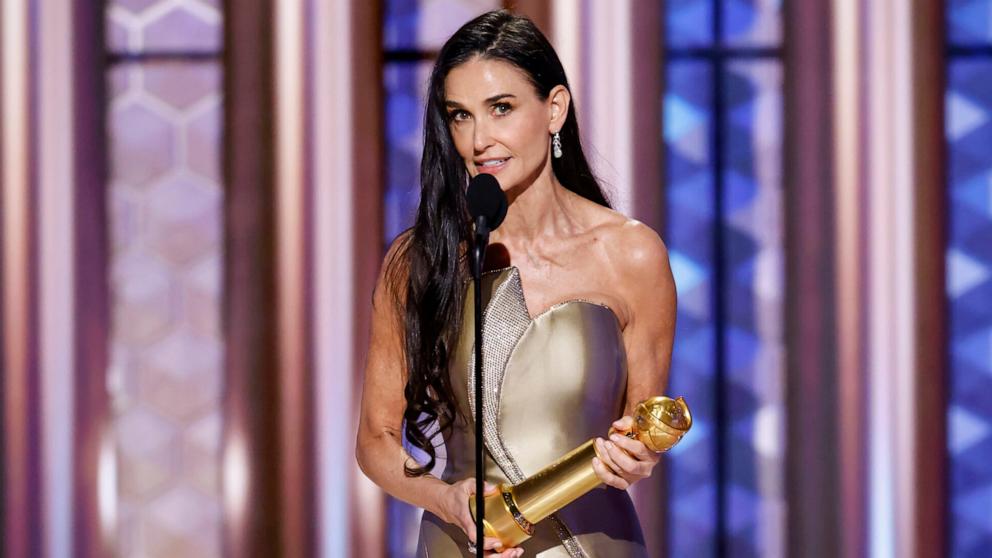 PHOTO: Demi Moore accepts the award for Female Actor - Motion Picture - Musical or Comedy at the 82nd Annual Golden Globe Awards, Jan. 5, 2025, in Beverly Hills, Calif.