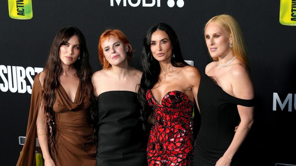 PHOTO: In this Sept. 16, 2024, file photo, Scout LaRue Willis, Tallulah Willis, Demi Moore, and Rumer Willis attend the Los Angeles Premiere Of "The Substance" at Directors Guild Of America in Los Angeles.