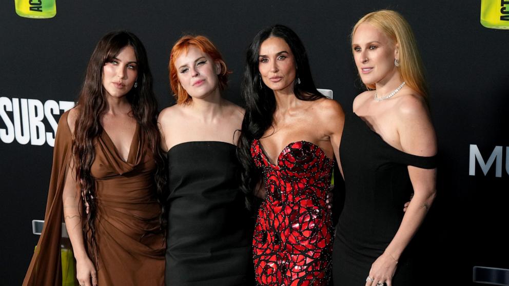 PHOTO: (L-R) Scout LaRue Willis, Tallulah Willis, Demi Moore, and Rumer Willis attend the Los Angeles Premiere Of "The Substance" at Directors Guild Of America on Sept. 16, 2024 in Los Angeles.