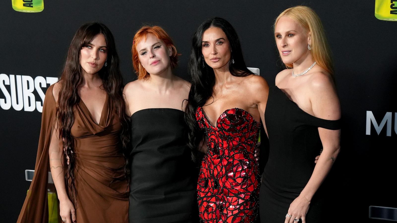 PHOTO: (L-R) Scout LaRue Willis, Tallulah Willis, Demi Moore, and Rumer Willis attend the Los Angeles Premiere Of "The Substance" at Directors Guild Of America on Sept. 16, 2024 in Los Angeles.