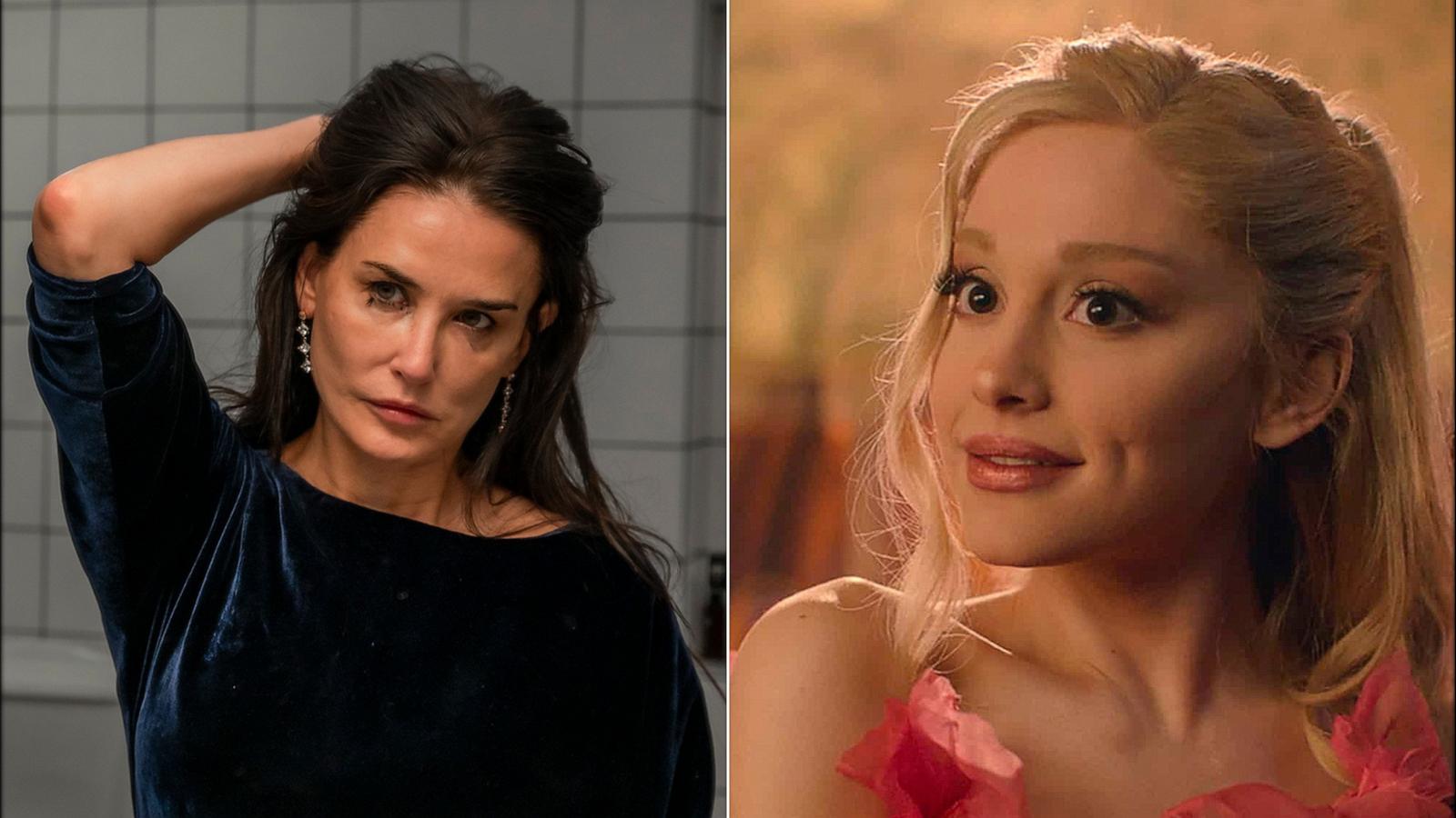 PHOTO: Demi Moore in "The Substance," 2024. | Ariana Grande in a scene from the movie "Wicked."