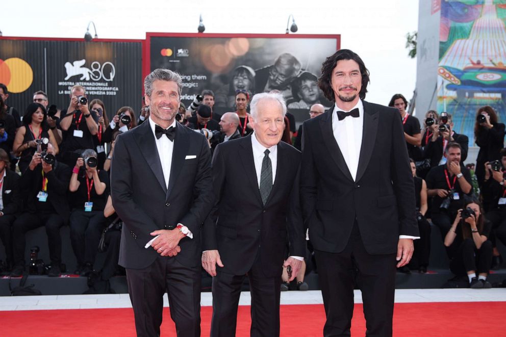 PHOTO: VENICE, ITALY - AUGUST 31: Patrick Dempsey, Michael Mann and Adam Driver attend a red carpet for the movie "Ferrari" at the 80th Venice International Film Festival on August 31, 2023 in Venice, Italy. (Photo by Daniele Venturelli/WireImage)