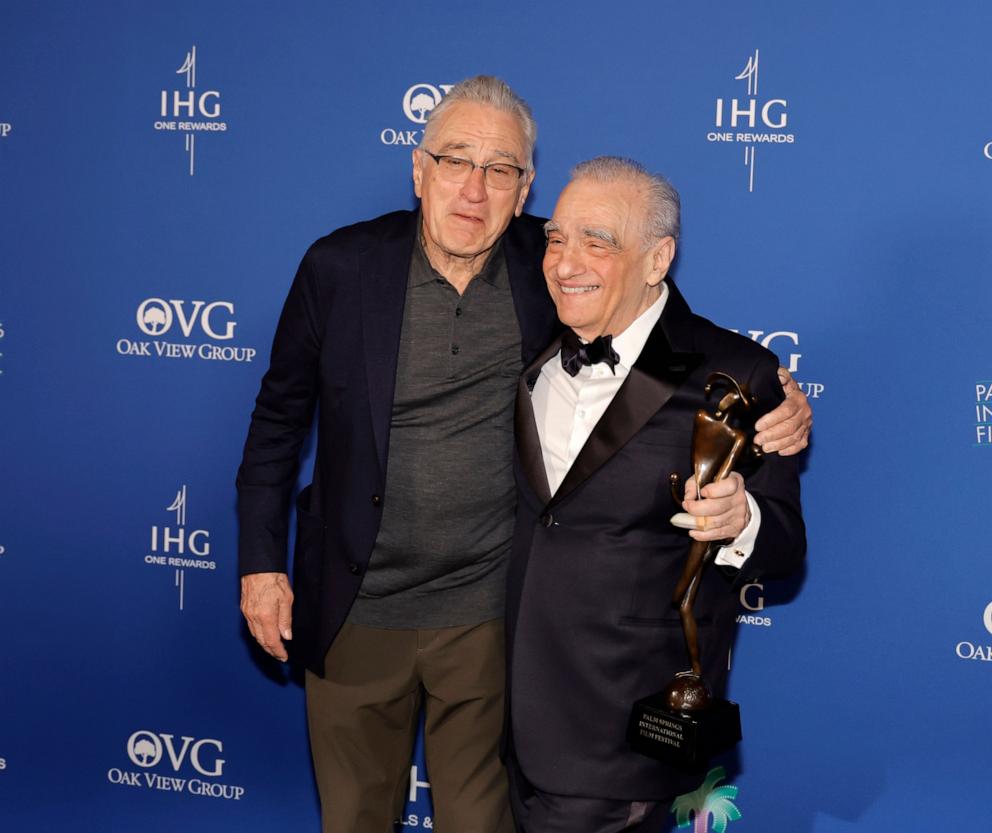 PHOTO: Robert De Niro and Martin Scorsese, winners of the Vanguard Award for "Killers of the Flower Moon", pose in the press room during the 2024 Palm Springs International Film Festival Film Awards, Jan. 4, 2024 in Palm Springs, California.