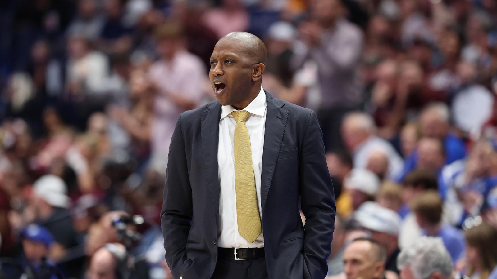 PHOTO: Dennis Gates the head coach of the Missouri Tigers gives instructions to his team in the game against the Mississippi Sate Bulldogs at Bridgestone Arena on March 12, 2025 in Nashville, Tennessee.