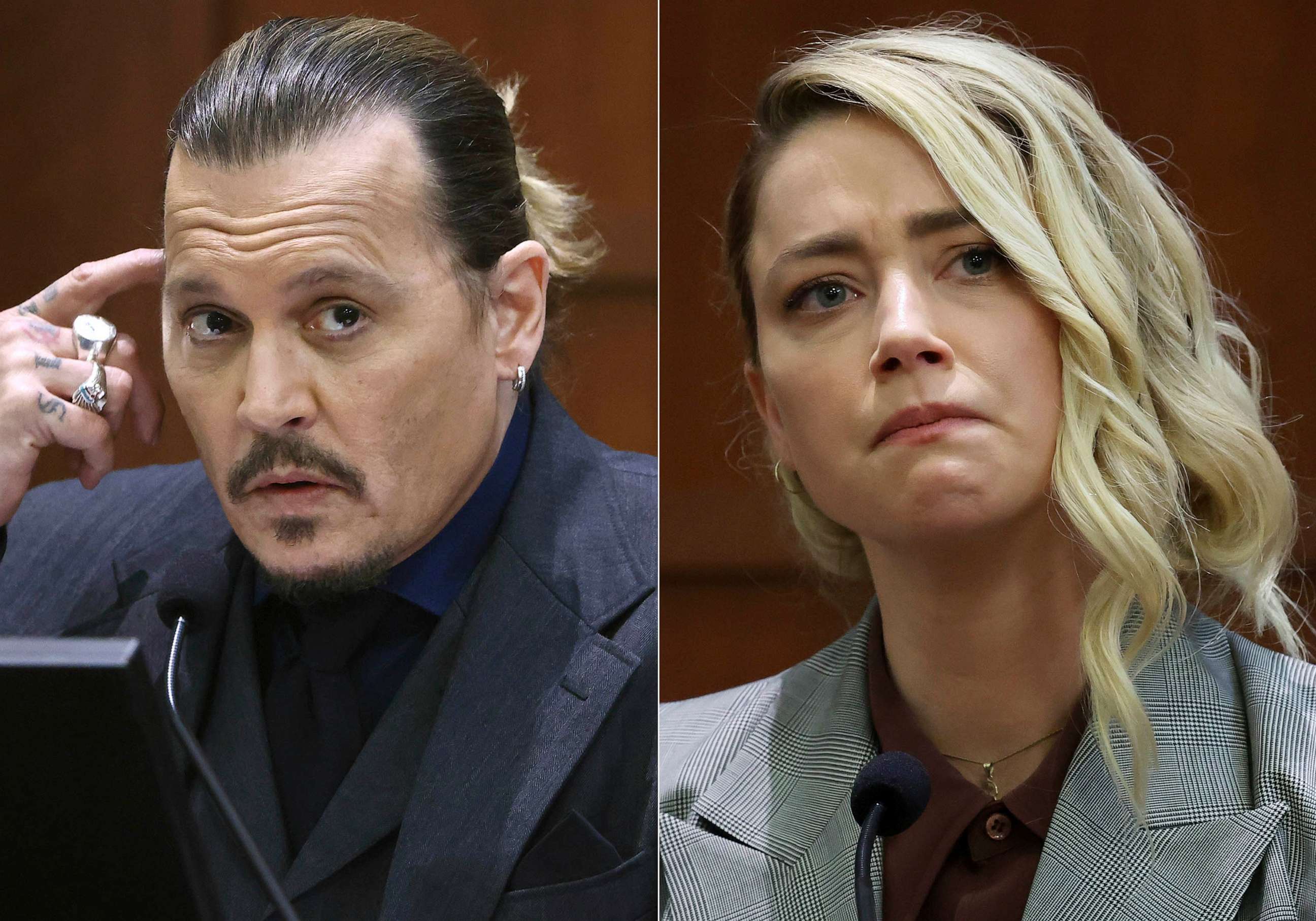 PHOTO: FILE - This combination of photos shows actor Johnny Depp testifying at the Fairfax County Circuit Court in Fairfax, Va., April 21, 2022, left, and actor Amber Heard testifying in the same courtroom, May 26, 2022.