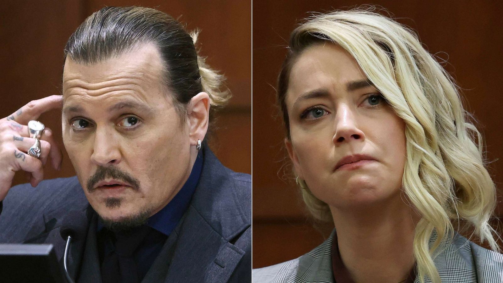 PHOTO: FILE - This combination of photos shows actor Johnny Depp testifying at the Fairfax County Circuit Court in Fairfax, Va., April 21, 2022, left, and actor Amber Heard testifying in the same courtroom, May 26, 2022.