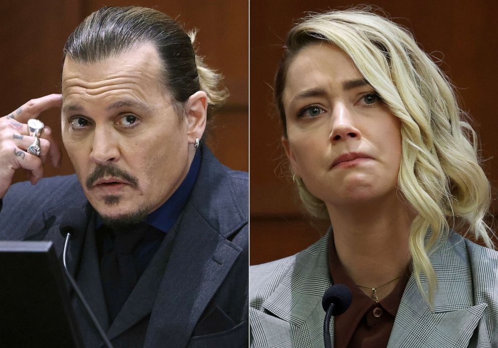 PHOTO: This combination of photos shows actor Johnny Depp testifying at the Fairfax County Circuit Court in Fairfax, Va., April 21, 2022, left, and actor Amber Heard testifying in the same courtroom, May 26, 2022.