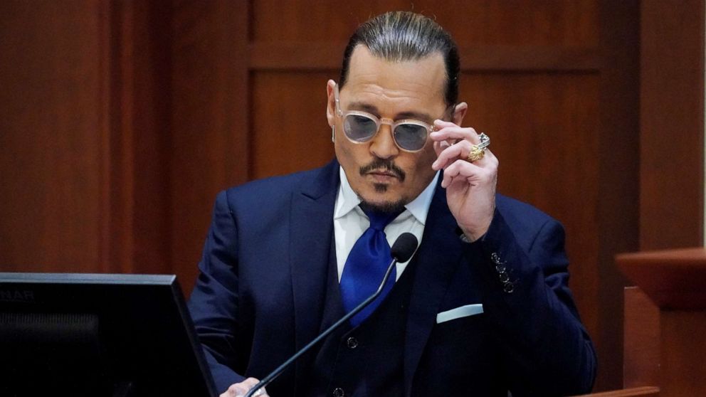 PHOTO: Actor Johnny Depp sits to testify in the courtroom at the Fairfax County Circuit Courthouse in Fairfax, Va., April 25, 2022.